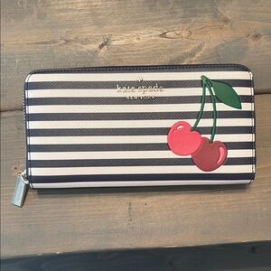 Kate Spade Black and White Striped Wallet with Cherry Accent